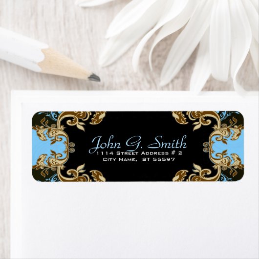 エレガント金ゴールドブルーとブラックのヴィンテージフローラフレーム ラベル (インサイチュ)