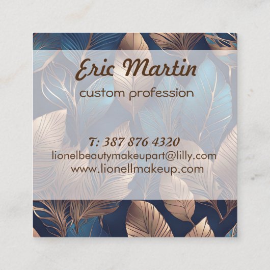 エレガント金ゴールドブルーの葉自然デザイン スクエア名刺 (裏面)