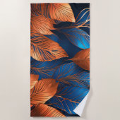 エレガント金ゴールドブルーの葉自然デザイン ビーチタオル (正面)