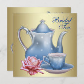 エレガント金ゴールドブルーブライダルティーパーティー 招待状 (正面/裏面)