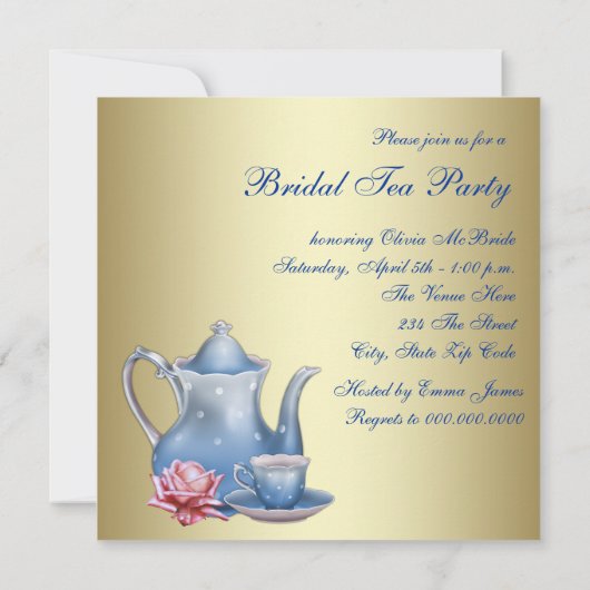 エレガント金ゴールドブルーブライダルティーパーティー 招待状 (裏面)