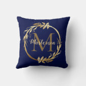 エレガント金ゴールドブルーリーフリースファミリーモノグラム クッション (裏面)