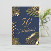 エレガント金ゴールドブルー写真50誕生日 招待状 (スタンド正面)
