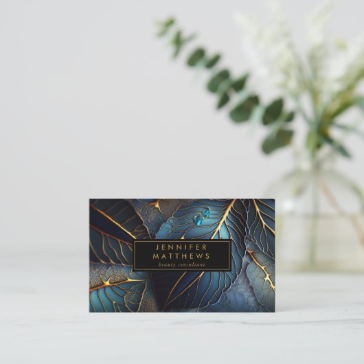エレガント金ゴールドブルー抽象芸術リーフ 名刺 (スタンド正面)