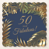 エレガント金ゴールドブルー50ファブラス誕生日 ペーパーコースター (正面)
