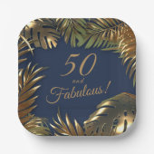 エレガント金ゴールドブルー50ファブラス誕生日 ペーパープレート (正面)