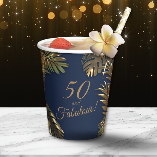 エレガント金ゴールドブルー50ファブラス誕生日 紙コップ