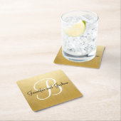 エレガント金ゴールドブ結婚ラックの贈り物 – モノグラム スクエアペーパーコースター (インサイチュ)