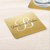 エレガント金ゴールドブ結婚ラックの贈り物 – モノグラム スクエアペーパーコースター (アングル)