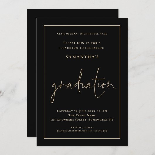 エレガント金ゴールドブ縁どラック・グラッド・ランチョンエクセレーション 招待状 (正面/裏面)