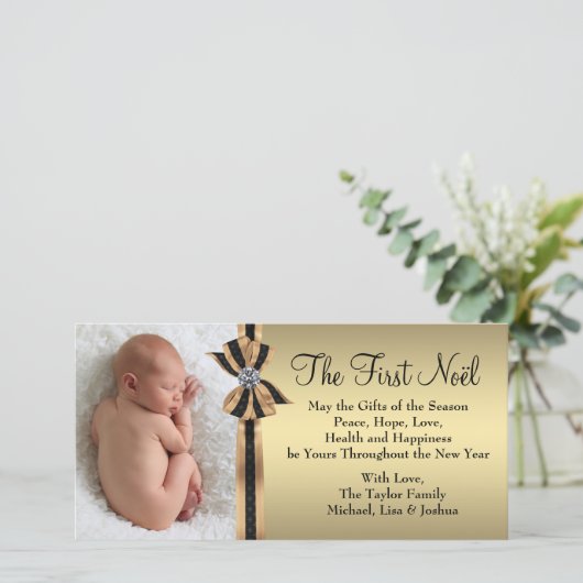 エレガント金ゴールドベビーの初めてのクリスマス シーズンカード (スタンド正面)