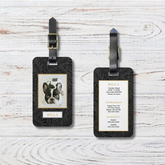 エレガント金ゴールドペットネーム黒フローラ生成ラベル ラゲッジタグ