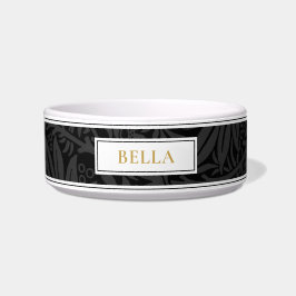 エレガント金ゴールドペット名黒花柄 ボウル