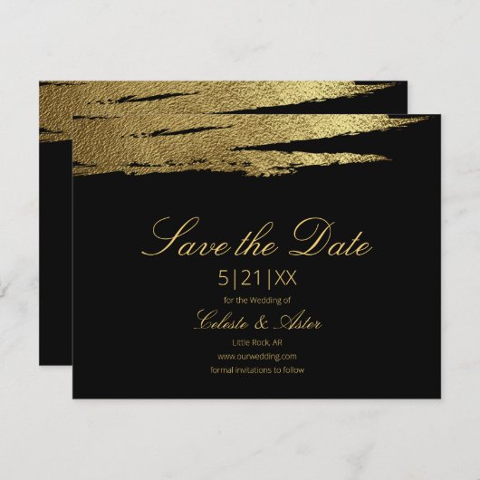 エレガント金ゴールドホイルフェイクブラシブラック日付を保存 セーブザデート (正面/裏面)