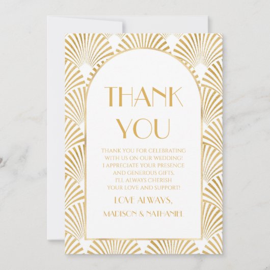 エレガント金ゴールドホワイトジオメトリックアールデコ結婚 サンキューカード (正面)
