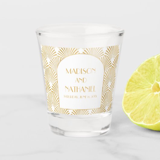エレガント金ゴールドホワイトジオメトリックアールデコ結婚 ショットグラス (正面)