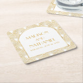 エレガント金ゴールドホワイトジオメトリックアールデコ結婚 スクエアペーパーコースター (アングル)