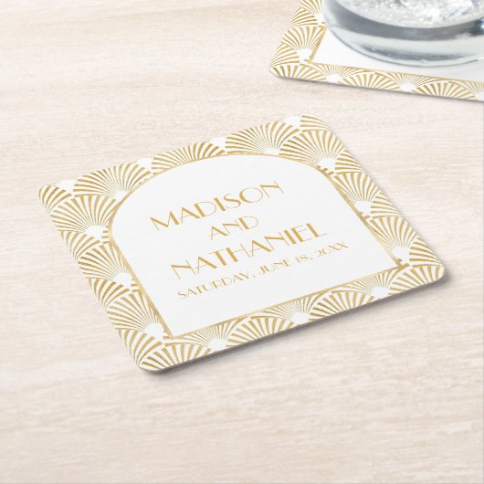 エレガント金ゴールドホワイトジオメトリックアールデコ結婚 スクエアペーパーコースター (アングル)