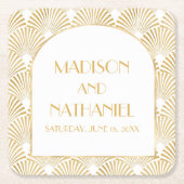 エレガント金ゴールドホワイトジオメトリックアールデコ結婚 スクエアペーパーコースター (正面)