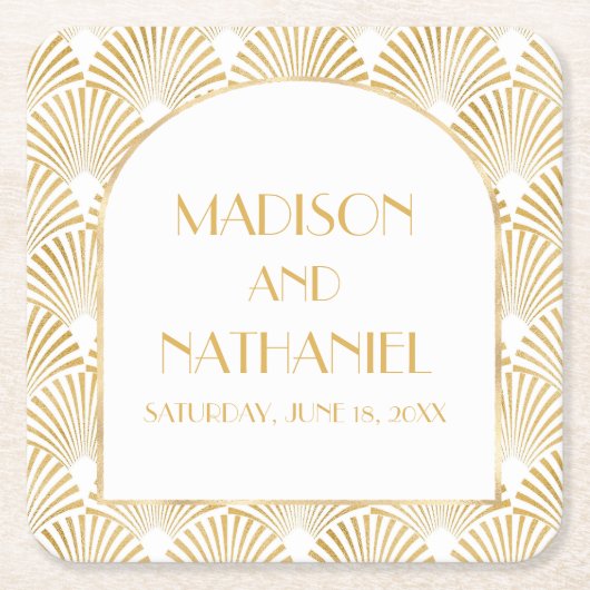 エレガント金ゴールドホワイトジオメトリックアールデコ結婚 スクエアペーパーコースター (正面)