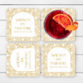 エレガント金ゴールドホワイトジオメトリックアールデコ結婚 スクエアペーパーコースター