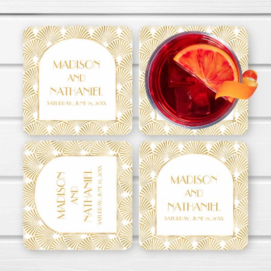 エレガント金ゴールドホワイトジオメトリックアールデコ結婚 スクエアペーパーコースター