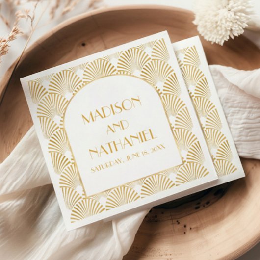 エレガント金ゴールドホワイトジオメトリックアールデコ結婚 スタンダードカクテルナプキン