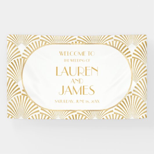 エレガント金ゴールドホワイトジオメトリックアールデコ結婚 横断幕 (横)