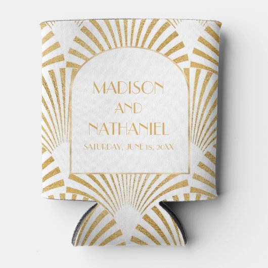エレガント金ゴールドホワイトジオメトリックアールデコ結婚 缶クーラー (正面)