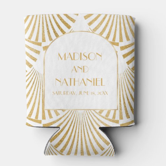 エレガント金ゴールドホワイトジオメトリックアールデコ結婚 缶クーラー (裏面)