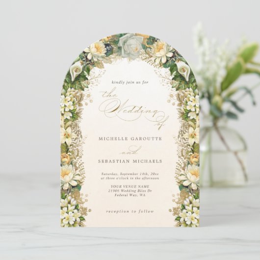 エレガント金ゴールドホワイトフローラ結婚アーチ 招待状 (スタンド正面)