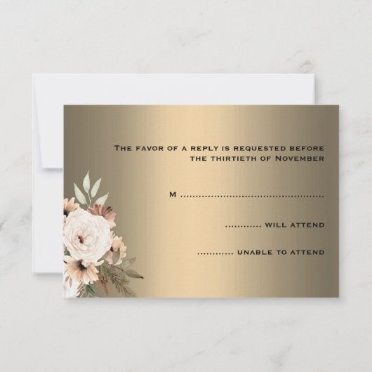エレガント金ゴールドボホ結婚の花 出欠カード (裏面)