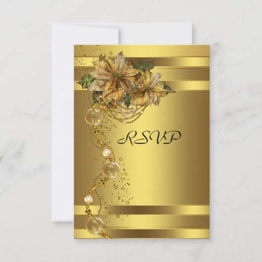 エレガント金ゴールドポインセチア金ゴールドクリスマスパーティーRSVP 出欠カード (正面)