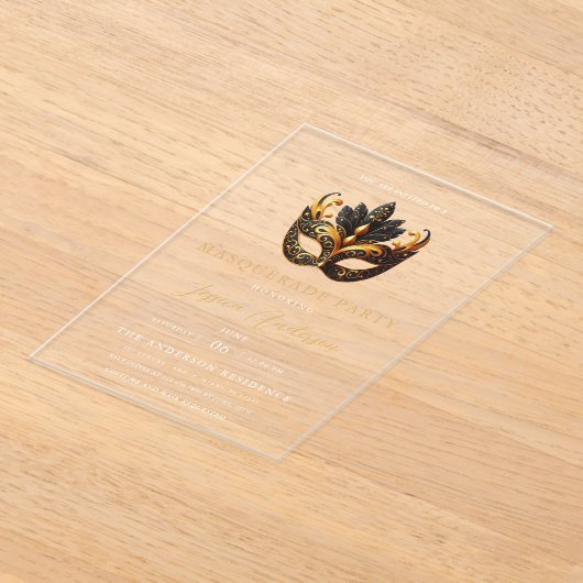 エレガント金ゴールドマスカレードパーティー誕生日 アクリル招待状 (レイダウン)