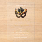 エレガント金ゴールドマスカレードパーティー誕生日 アクリル招待状 (正面)
