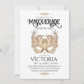 エレガント金ゴールドマスカレードパーティー誕生日 招待状 (正面)