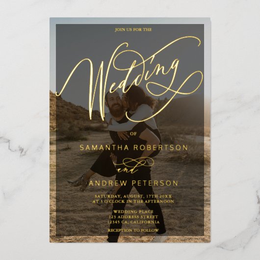 エレガント金ゴールドミニマル書道結婚写真 箔招待状 (正面)