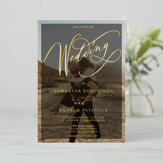 エレガント金ゴールドミニマル書道結婚写真 箔招待状 (立ち正面)