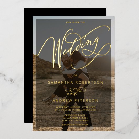 エレガント金ゴールドミニマル書道結婚写真 箔招待状 (正面/裏面)