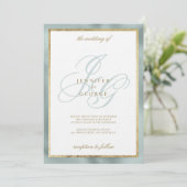 エレガント金ゴールドミント緑モノグラム結婚イニシャル 招待状 (スタンド正面)