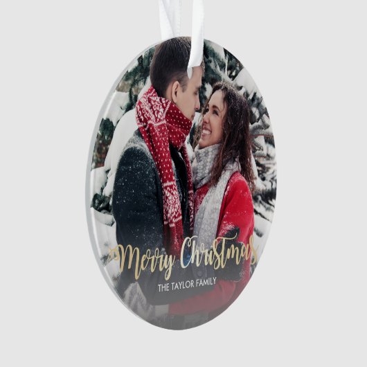 エレガント金ゴールドメリフェイクークリスマス文字写真 オーナメント (正面)