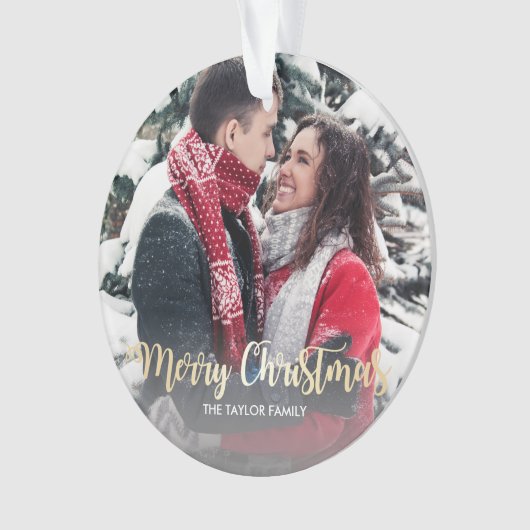 エレガント金ゴールドメリフェイクークリスマス文字写真 オーナメント (正面)