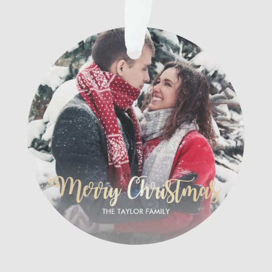 エレガント金ゴールドメリフェイクークリスマス文字写真 オーナメント (正面)