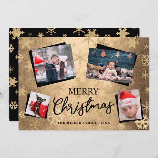 エレガント金ゴールドメリークリスマスカスタム写真コラージュ シーズンカード (正面/裏面)