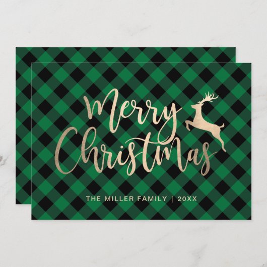エレガント金ゴールドメリークリスマスブラック&グリーンプレイド シーズンカード (正面/裏面)