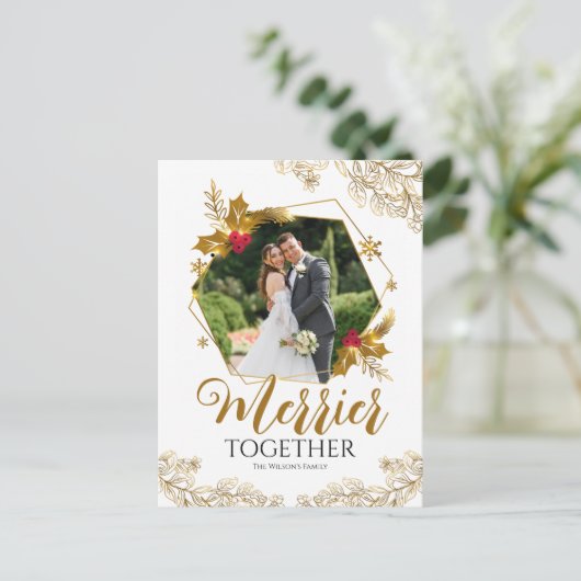 エレガント金ゴールドメリー共に聖降誕祭を祝う シーズンポストカード (スタンド正面)