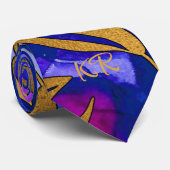 エレガント金ゴールドメ葉タルイニシャル紫ブルー ネクタイ (ロール)