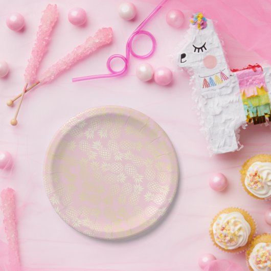 エレガント金ゴールドモダンとピンクパイナップルパターン ペーパープレート (パーティー)