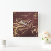 エレガント金ゴールドモダンとブルゴーニュの大理石の外観 スクエア壁時計 (ホーム)