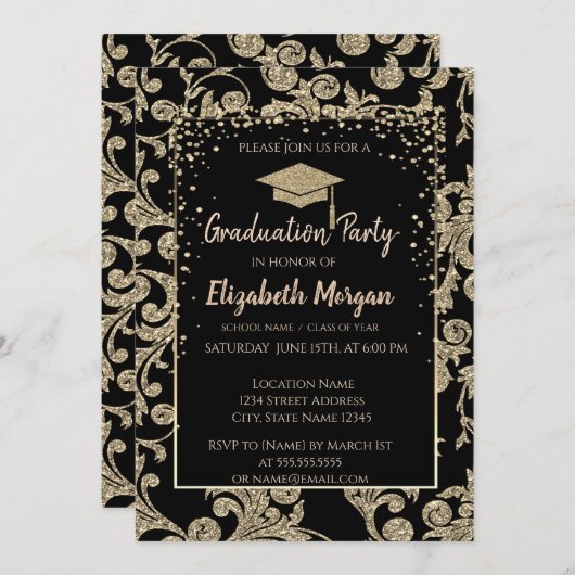 エレガント金ゴールドモダングリッター目盛りキャップ、旋回 招待状 (正面/裏面)